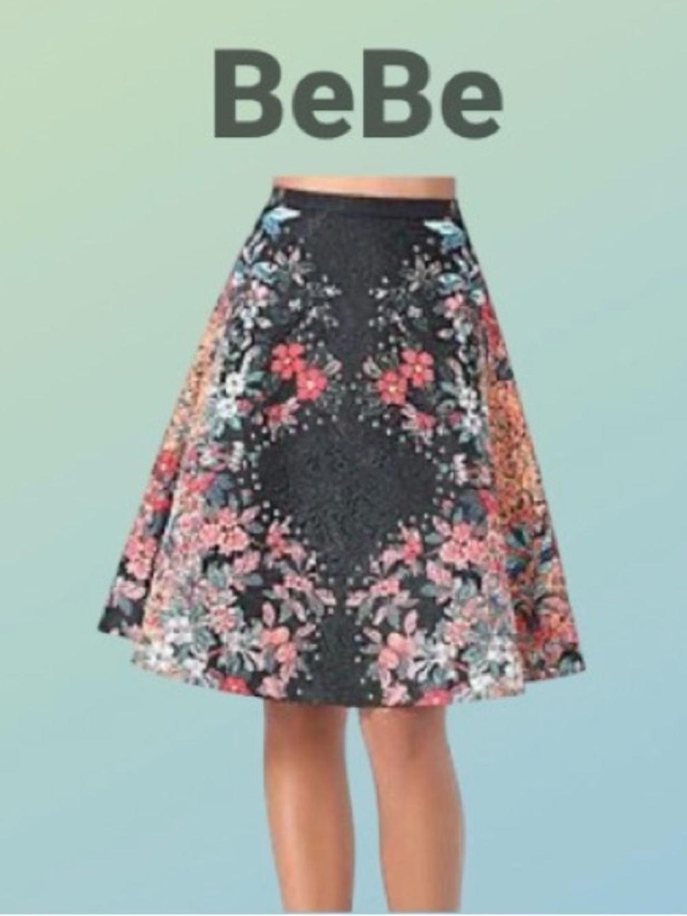 BeBe black embroidered floral studded jacquard flare skirt women’s size 4 small